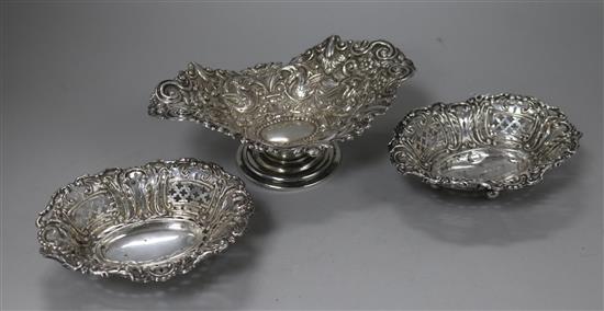 A pair of late Victorian pierced repousse silver sweetmeat dishes and a similar repousse silver pedestal dish, largest 18.2cm.